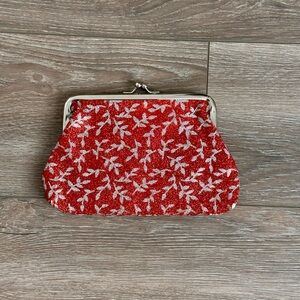 Red & Silver Glitter Foliage Clutch Coin Purse‎ Wallet Leaf Vine 7x4.5 Kiss Lock